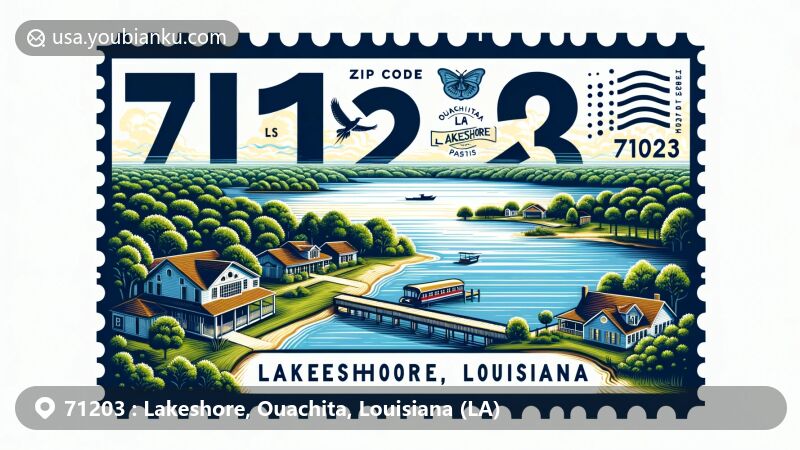 Modern illustration of Lakeshore, Ouachita Parish, Louisiana, showcasing postal theme with ZIP code 71203, featuring scenic view of Bayou Desiard and Ouachita Parish elements.