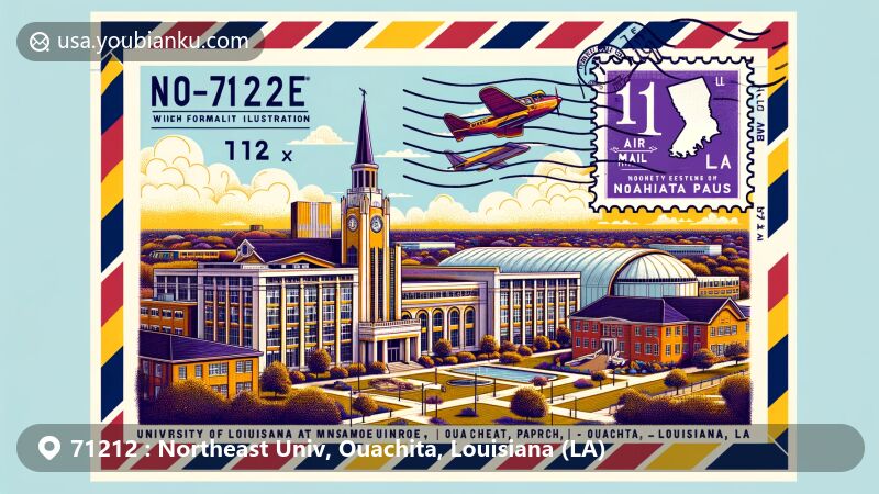 Modern illustration of Northeast Univ area in Ouachita County, Louisiana, featuring University of Louisiana at Monroe and College of Pharmacy, alongside distinctive buildings like Walker Hall and Caldwell Hall, set against the backdrop of Bayou Desiard. Design includes airmail envelope theme with university stamp, Monroe postal mark 'LA 71212', and current year postmark.