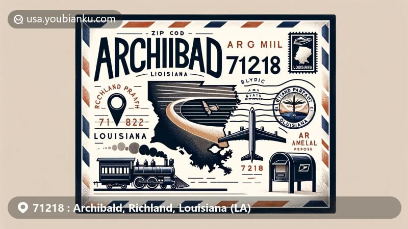 Modern illustration of Archibald, Richland Parish, Louisiana, inspired by postal theme with airmail envelope frame, featuring Louisiana and Richland Parish outlines, railway symbol, vintage stamp of Louisiana flag, 'Archibald, LA 71218' postmark, and traditional mailbox.