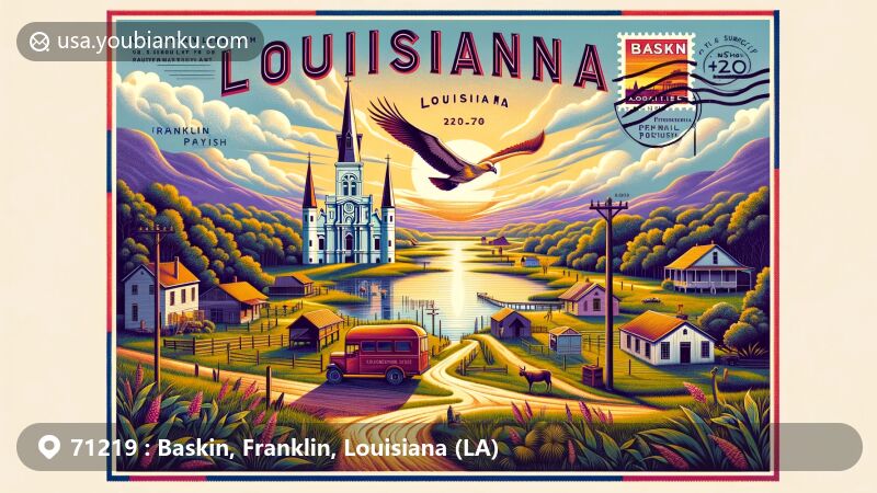 Modern illustration of Baskin, Louisiana, showcasing postal theme with ZIP code 71219, featuring rural village ambiance, small-town life essence, and cultural nods to sugar plantations. Includes vintage air mail envelope with Louisiana stamp, postal truck, and 'Baskin, LA' cancellation mark.