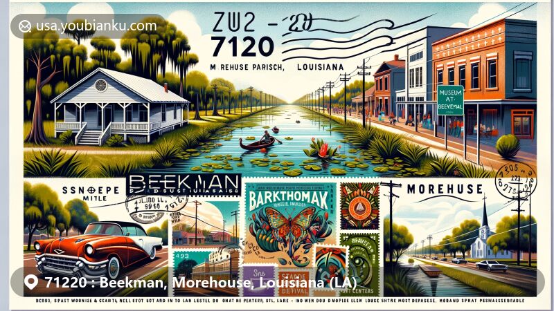 Modern illustration of Beekman, Morehouse Parish, Louisiana, capturing the essence of Bayou Bartholomew, the Snyder Museum, and the Morehouse May Madness Street Festival, highlighted with a postal theme and ZIP code 71220.