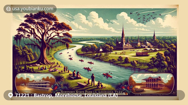 Modern illustration of Bastrop, Morehouse County, Louisiana, showcasing the beauty of Chemin-A-Haut State Park, Bayou Bartholomew, and postal heritage with vintage postal elements and ZIP code 71221, perfect for promoting tourism and postal history.