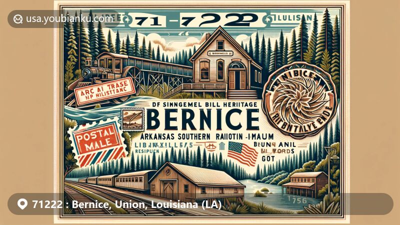 Modern illustration of Bernice, Union Parish, Louisiana, fusing sawmill heritage with Arkansas Southern Railroad, emphasizing 'big woods' pine forests and Bernice Rock Island Railroad Depot Museum.
