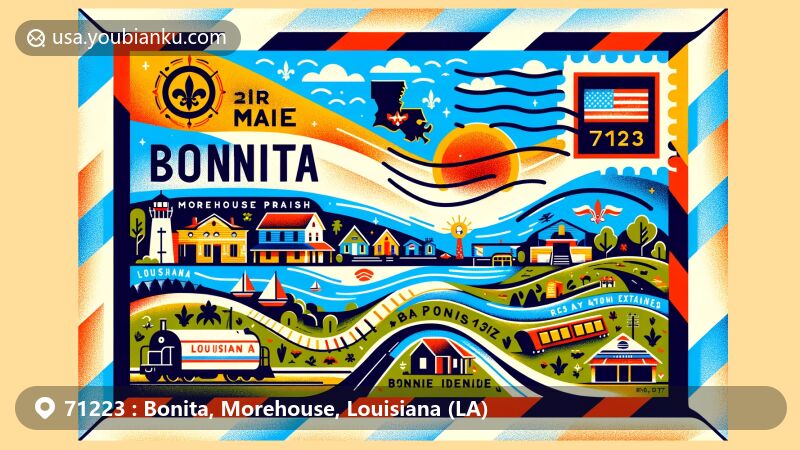 Creative illustration of Bonita, Morehouse Parish, Louisiana, featuring a stylized air mail envelope with Louisiana state flag, Morehouse Parish silhouette, and village symbols, including a railroad and Bayou Bonne Idee, capturing ZIP Code 71223.