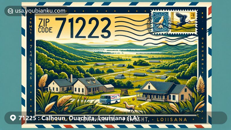 Modern illustration of Calhoun, Ouachita Parish, Louisiana, showcasing its charming rural landscape with hills and woodlands, embodying a small-town atmosphere with clean neighborhoods, and referencing historical U.S. 80 and Interstate 20.
