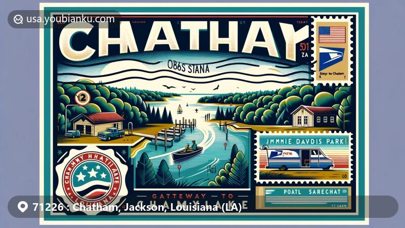 Modern illustration of Chatham, Louisiana, with ZIP code 71226, showcasing Caney Lake and Jimmie Davis State Park, integrating postal elements like vintage postage stamp and mail carrier symbol.