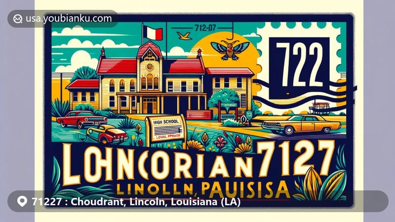 Modern illustration of Choudrant, Lincoln Parish, Louisiana, capturing the essence of 'Louisiana's Front Porch' with symbols of local high school, a notable landmark, and Louisiana state flag.