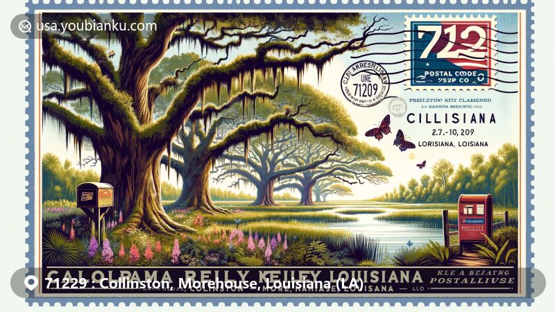 Illustration of Collinston, Morehouse, Louisiana, capturing the natural beauty of Kalorama Reily Nature Preserve with ancient trees and vibrant flora attracting butterflies in spring, in vintage postcard style featuring ZIP code 71229 and Louisiana state flag.
