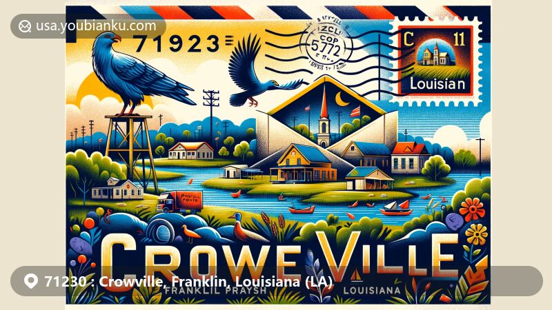 Modern illustration of Crowville, Franklin Parish, Louisiana, showcasing vibrant postal theme with ZIP code 71230, illustrating its role as a commerce center for surrounding villages in northeastern Louisiana.