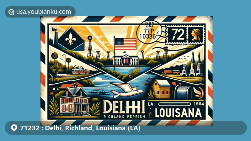 Modern illustration of Delhi, Richland Parish, Louisiana, showcasing postal theme with ZIP code 71232, featuring Poverty Point Reservoir State Park and historical gas boom reference.