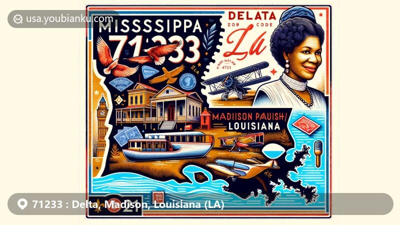 Modern illustration of Delta, Madison Parish, Louisiana, featuring Mississippi River and Madam C.J. Walker, with postal elements like vintage air mail envelope, postage stamp, and postmark for ZIP code 71233.