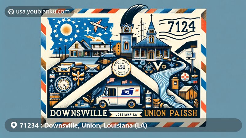 Modern illustration of Downsville, Union Parish, Louisiana, highlighting vintage air mail envelope with ZIP code 71234 and map outline of Union Parish within Louisiana state.
