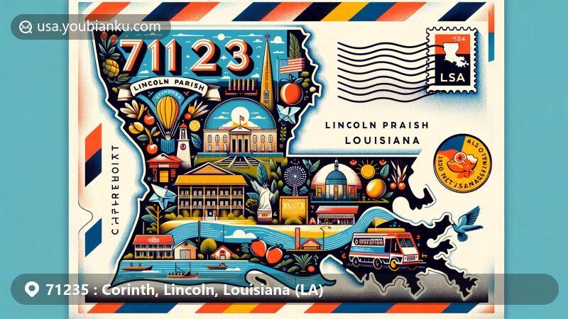 Modern illustration of Corinth, Lincoln Parish, Louisiana, highlighting ZIP code 71235, showcasing Ruston Peach Festival and Louisiana state flag in a postal-themed design.