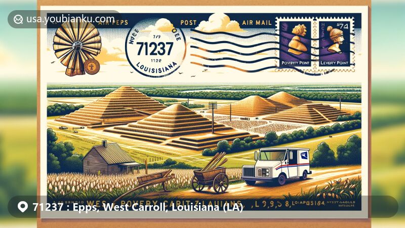 Modern illustration of Epps, West Carroll Parish, Louisiana, featuring elements from Poverty Point National Monument and postal theme with ZIP code 71237.