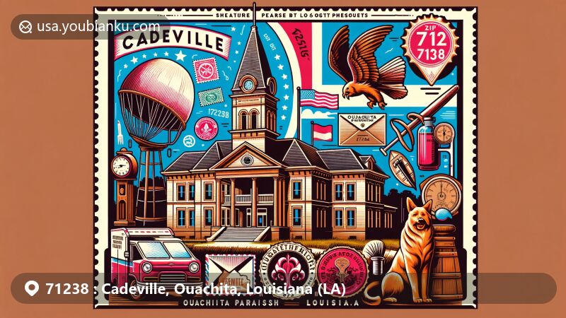 Modern illustration of Cadeville, Ouachita Parish, Louisiana, with ZIP code 71238, featuring Ouachita Parish Courthouse, vintage postal elements, and symbols of Native American heritage.