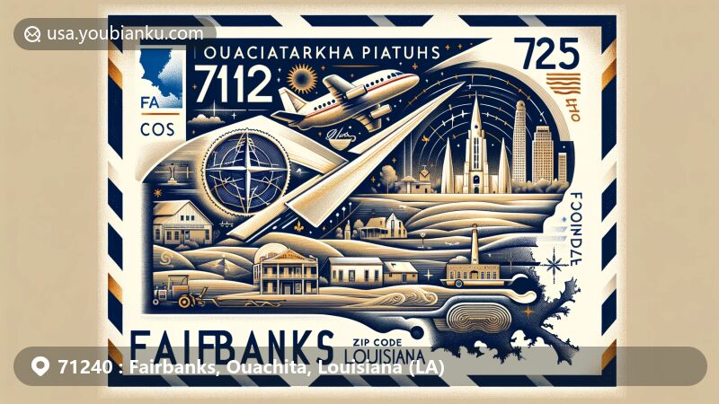 Modern illustration of Fairbanks, Ouachita Parish, Louisiana, highlighting postal theme with vintage airmail envelope, Louisiana landmarks, and cultural symbols, including state flag and historical references.