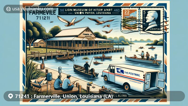 Modern illustration of Farmerville area in Union Parish, Louisiana, combining Lake D'Arbonne's natural beauty with Union Museum of History and Art, presented as postcard with fishing scenes and postal elements.