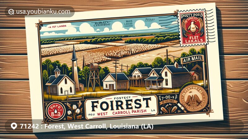 Modern illustration showing a postcard from Forest, West Carroll Parish, Louisiana, presenting a postal theme with village scenery, Forest Baptist Church, cotton fields, timber, Poverty Point earthworks, vintage stamp with ZIP code 71242, air mail envelope border, and postmark.