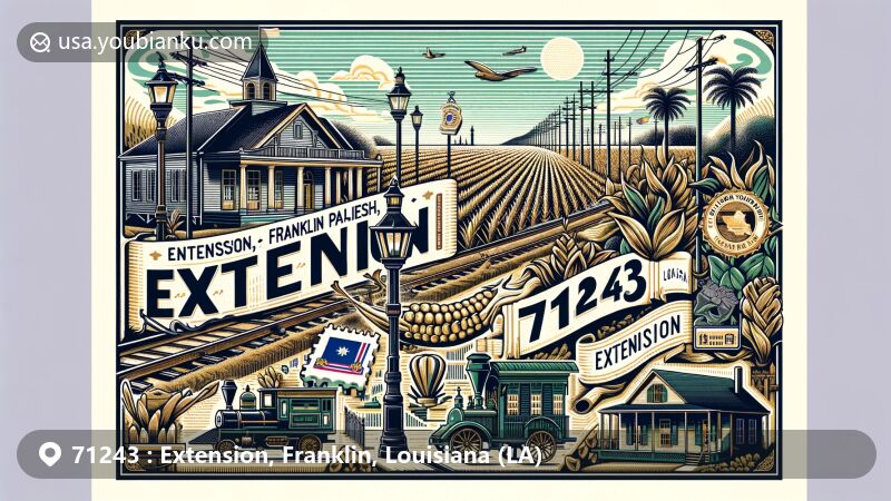 Modern illustration of Extension, Franklin Parish, Louisiana, highlighting postal theme with ZIP code 71243, showcasing sugar plantations, Main Street lampposts, and Louisiana state flag elements.