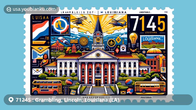 Modern illustration of Grambling, Louisiana, featuring ZIP code 71245 and Grambling State University, with Louisiana state flag and postal elements, reflecting educational pride and rich heritage.