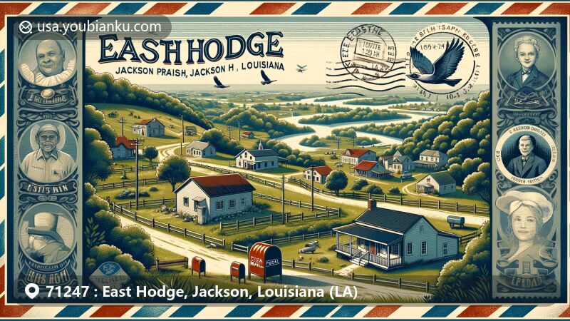 Modern illustration of East Hodge, Jackson, Louisiana, showcasing postal theme with ZIP code 71247, featuring lush greenery, elevated terrain, and rural atmosphere.