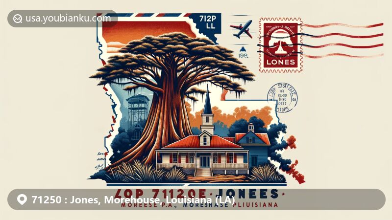 Modern illustration of Jones, Morehouse Parish, Louisiana, featuring 'Castle Tree' from Chemin-A-Haut State Park, Snyder Museum, and vintage airmail elements with ZIP code 71250.