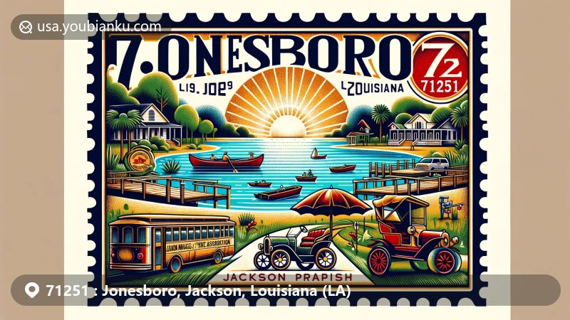 Creative wide-format illustration of Jonesboro, Jackson Parish, Louisiana, representing local attractions and cultural significance with lush greenery and warm atmosphere, featuring Jimmie Davis State Park and Jackson Parish Museum & Fine Arts Association.