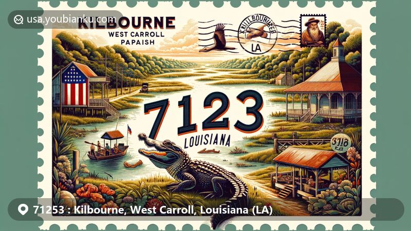 Modern illustration of Kilbourne, Louisiana, highlighting rural charm and community vibes, with Louisiana's symbols and postal theme, ZIP code 71253.