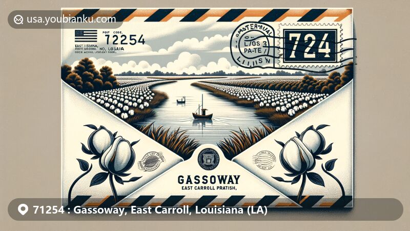 Vintage-style illustration of Gassoway, East Carroll Parish, Louisiana, showcasing scenic Gassoway Lake, cotton fields, and local fishing boat, framed by a vintage airmail envelope with cotton plant motifs and Louisiana state flag stamp.