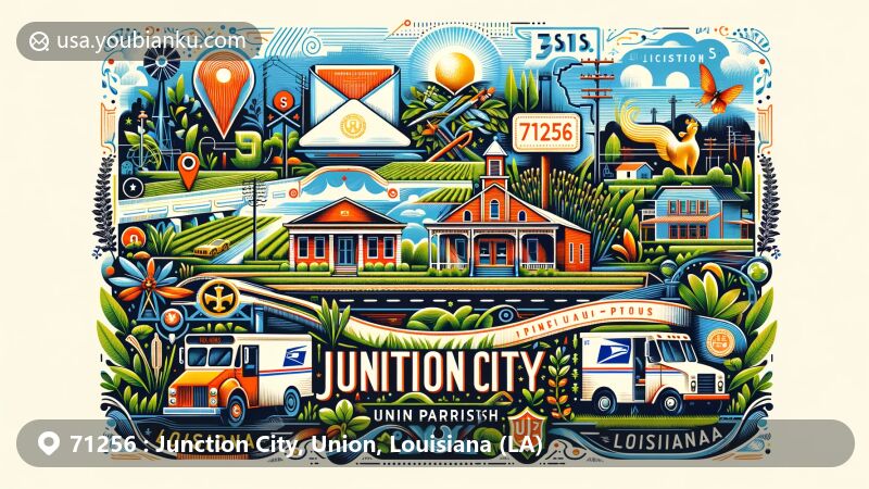 Modern illustration of Junction City, Union Parish, Louisiana, featuring postal theme with ZIP code 71256, including town center, greenery, vintage postal elements, and modern twist.