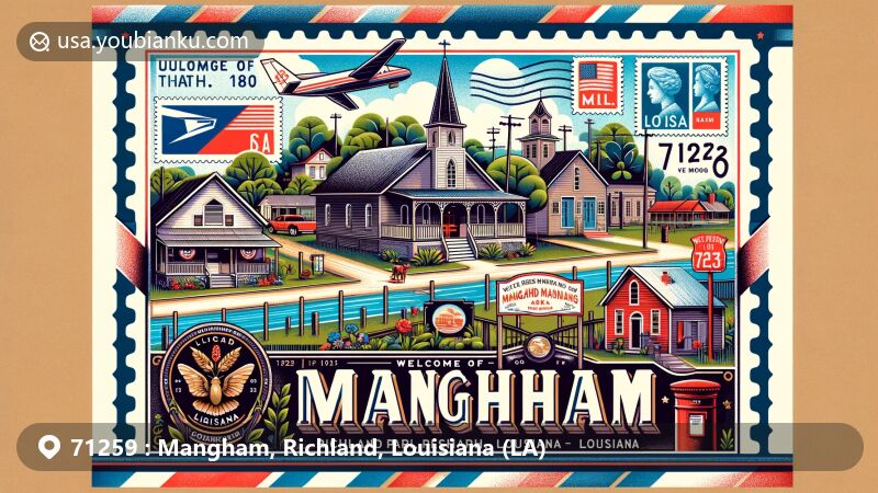 Modern illustration of Mangham, Richland Parish, Louisiana, featuring town landmarks like a welcoming sign, town hall, and First Baptist Church within an air mail envelope. Includes Louisiana cultural and wildlife stamps, celebrating ZIP code 71259.