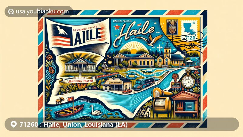 Modern illustration of Haile, Union Parish, Louisiana, with postal theme featuring ZIP code 71260, including Louisiana state flag, Union Parish outline, Lake D'Arbonne State Park, Marion Mayhaw Festival, vintage postage stamp, ink stamp, and traditional mailbox.