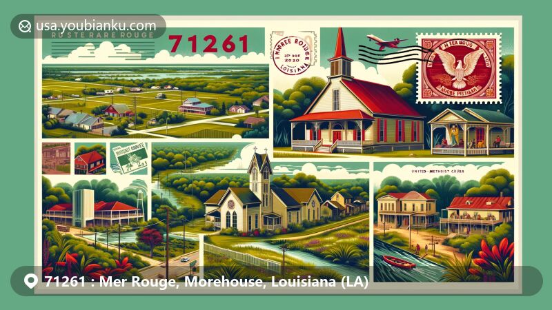 Modern illustration of Mer Rouge, Morehouse Parish, Louisiana, highlighting the historic Walnut Grove house and United Methodist Church, surrounded by lush greenery and bayous, creatively integrating postal theme with ZIP code 71261.