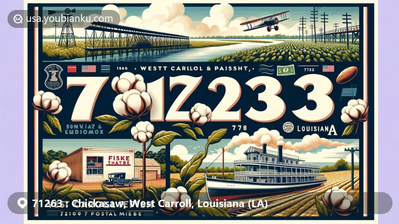 Modern illustration of Chickasaw and Oak Grove, West Carroll Parish, Louisiana, featuring vintage postcard with ZIP code 71263, highlighting Poverty Point mounds, cotton, Fiske Theatre, steamboat, and sweet potatoes.