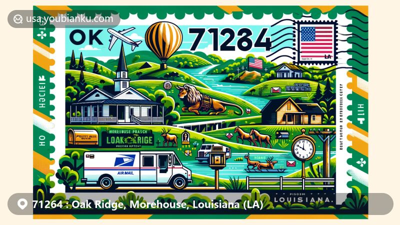 Modern illustration of Oak Ridge, Morehouse Parish, Louisiana, showcasing postal theme with ZIP code 71264, featuring Jordan Mounds and Louisiana state flag.