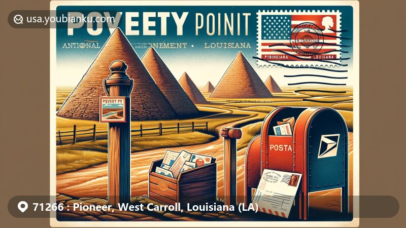 Modern illustration of Poverty Point National Monument in Pioneer, Louisiana, featuring ancient earthworks and a vintage postal theme with ZIP code 71266, Louisiana state flag stamp, and red mailbox.