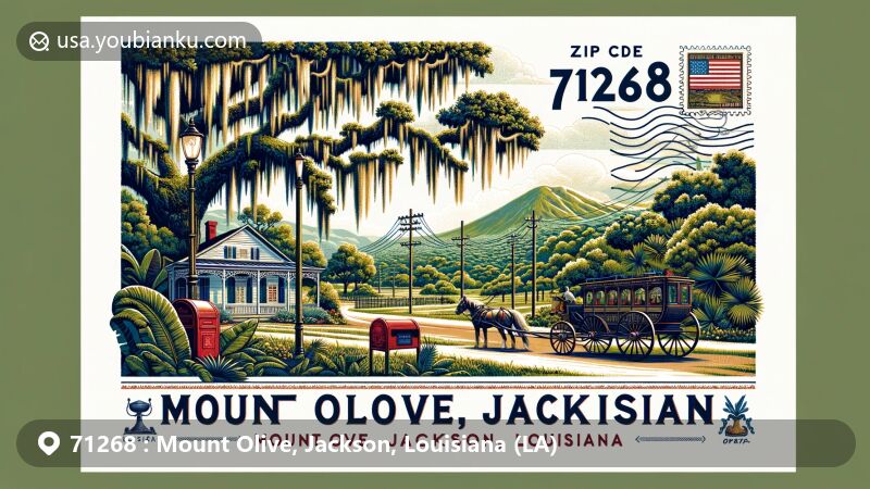 Modern illustration of Mount Olive, Jackson, Louisiana, showcasing postal theme with ZIP code 71268, capturing the lush southern landscape with oak trees, Spanish moss, and unique flora, and integrating cultural symbols of Louisiana.