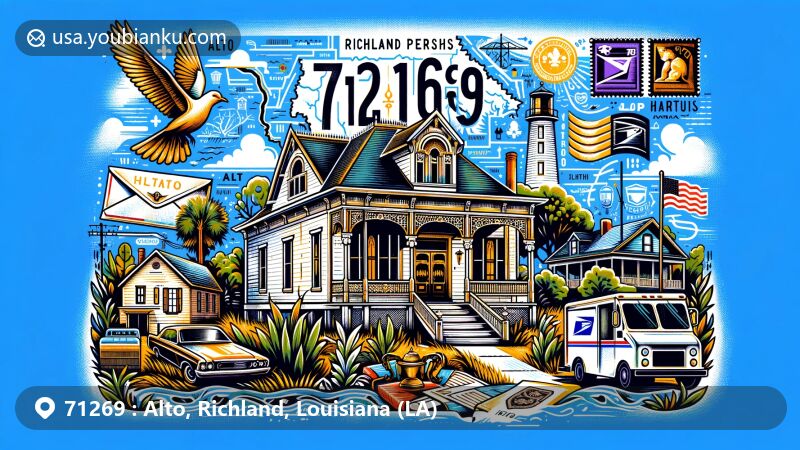 Creative illustration of Alto, Richland Parish, Louisiana, showcasing Vickers House, Richland Parish outline, and postal elements including ZIP code 71269, stamp, and mailbox.