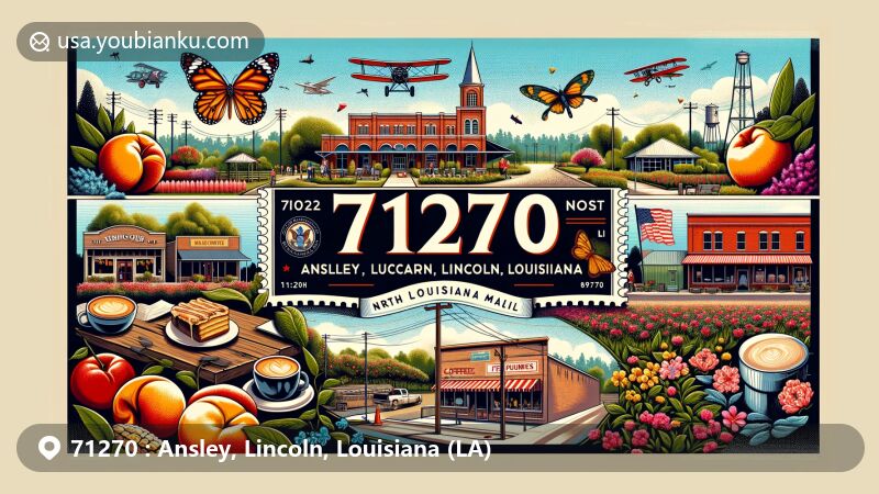 Modern illustration of Ansley, Lincoln County, Louisiana, showcasing local culture and landmarks with North Louisiana Military Museum, Mitcham Farms, butterfly garden, coffee shops, and bakeries. Includes Ruston's downtown, peach orchards, flower field, vintage air mail envelope, Louisiana state flag postage stamp, and ZIP code 71270.