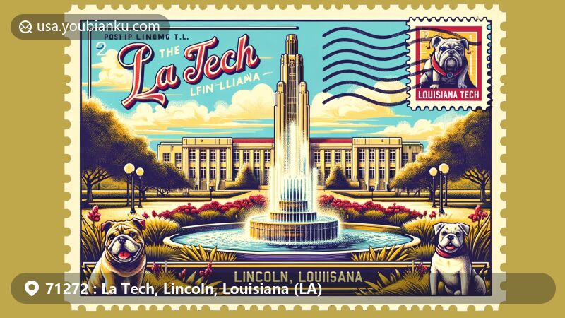 Modern illustration of La Tech, Lincoln, Louisiana, showcasing the iconic Lady of the Mist fountain at Louisiana Tech University, the Louisiana Tech Bulldog mascot, and postal elements like a vintage postcard frame with ZIP code 71272.