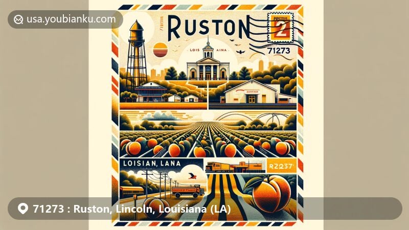 Modern illustration of Ruston, Louisiana, showcasing peach orchards from Mitcham Farms and the historic Dixie Theatre, representing the area's sweet peaches and rich arts culture. The design hints at the college-town atmosphere with references to Louisiana Tech University and Grambling State University.
