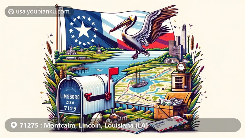 Modern illustration of Simsboro, Lincoln Parish, Louisiana, featuring postal theme with ZIP code 71275, incorporating Louisiana state flag and iconic symbols of the state.