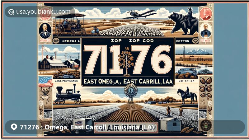 Modern illustration of Omega, East Carroll, Louisiana, highlighting the 71276 ZIP code area with postal theme, agriculture, historic bear hunt, President Theodore Roosevelt, postal elements, Mississippi River, and Louisiana state flag.