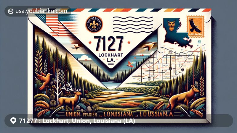 Modern illustration of Lockhart, Union Parish, Louisiana, featuring lush landscapes, wildlife, Louisiana state flag, and postal theme with ZIP code 71277, showcasing communication importance and local pride.