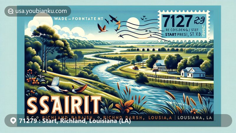 Modern illustration of Start, Richland Parish, Louisiana, showcasing postal theme with ZIP code 71279, featuring serene rural landscapes with rivers, forests, wetlands, and wildlife areas.