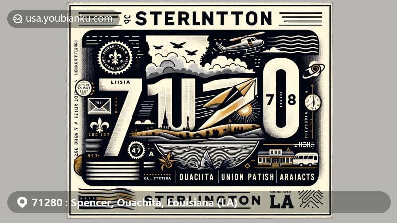 Modern illustration of Sterlington, Louisiana, showcasing postal theme with ZIP code 71280, featuring surrounding Vawter and Union Parish elements, subtly depicting Louisiana's outline, highlighting Vawter and Union Parish locations within the state, incorporating iconic symbols or landmarks unique to the Monroe-El Dorado area for a balance of regional pride and universal postal art appeal.