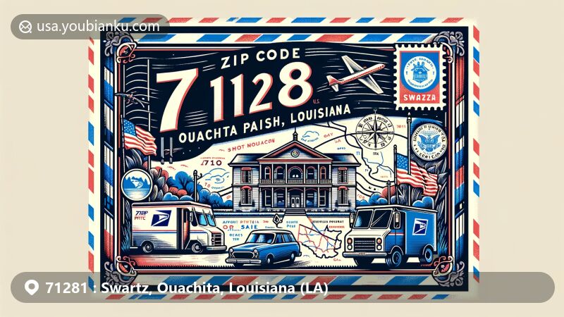 Modern illustration of Swartz area in Ouachita Parish, Louisiana, featuring ZIP code 71281, Louisiana state symbols, and Swartz U.S. Post Office.