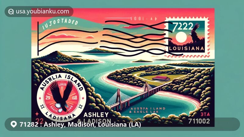 Modern postcard illustration of Ashley and Madison, Louisiana, highlighting Australia Island, Eagle Lake, and postal elements with ZIP code 71282.