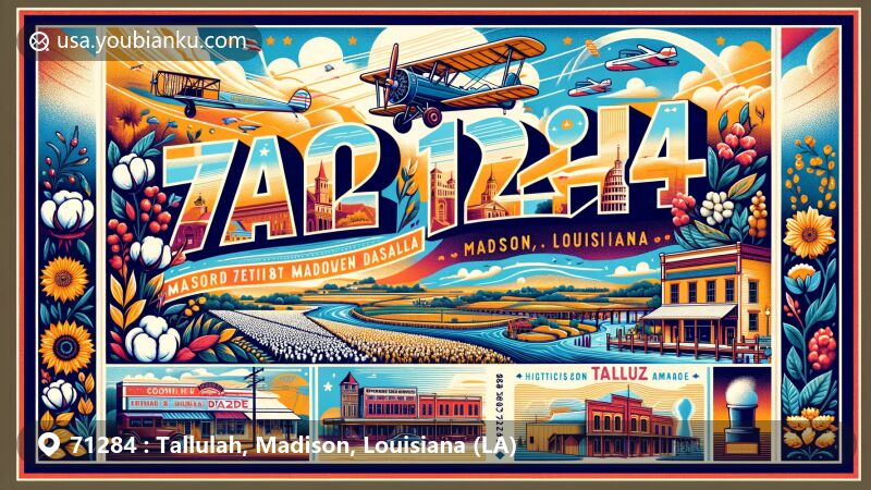 Modern illustration of Tallulah, Madison, Louisiana, showcasing postal theme with ZIP code 71284, featuring cotton farming and aviation history, including Bloom's Arcade and the Hermione Museum.