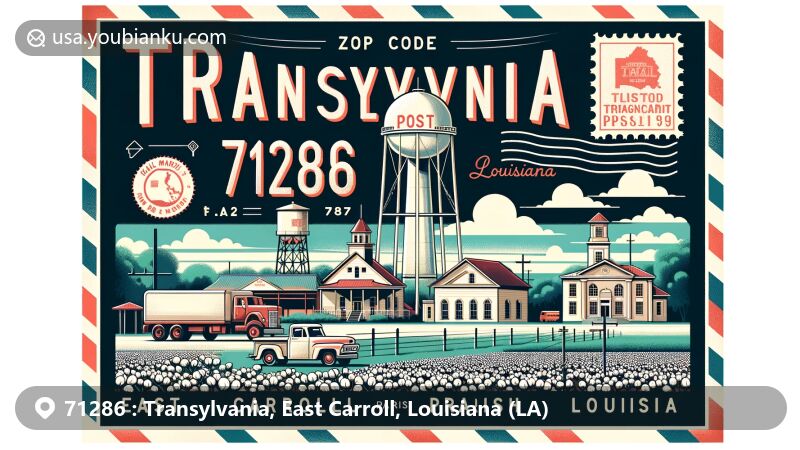 Modern illustration of Transylvania, East Carroll Parish, Louisiana, featuring a postcard design with local landmarks such as the post office, water tower, general store sign, and East Carroll Parish Courthouse, set against a backdrop of cotton fields and the Mississippi River, and incorporating vintage postal elements for ZIP Code 71286.